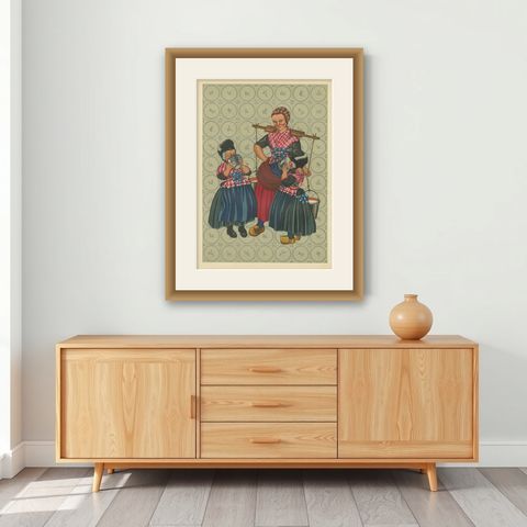 Dutch Folk Costume Print, Everyday Staphorst Dress with Children and Milkmaid, shown framed on a wall
