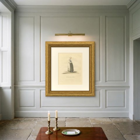 Woman of North Holland, Gold Head Ornament, Antique Ackermann Print, 1817, shown framed on a wall