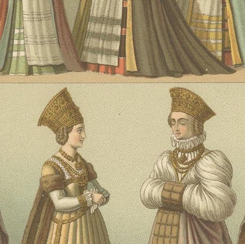 Pl. 63 Antique Print of European 16th Century Costumes by Racinet, circa 1880, close-up 2