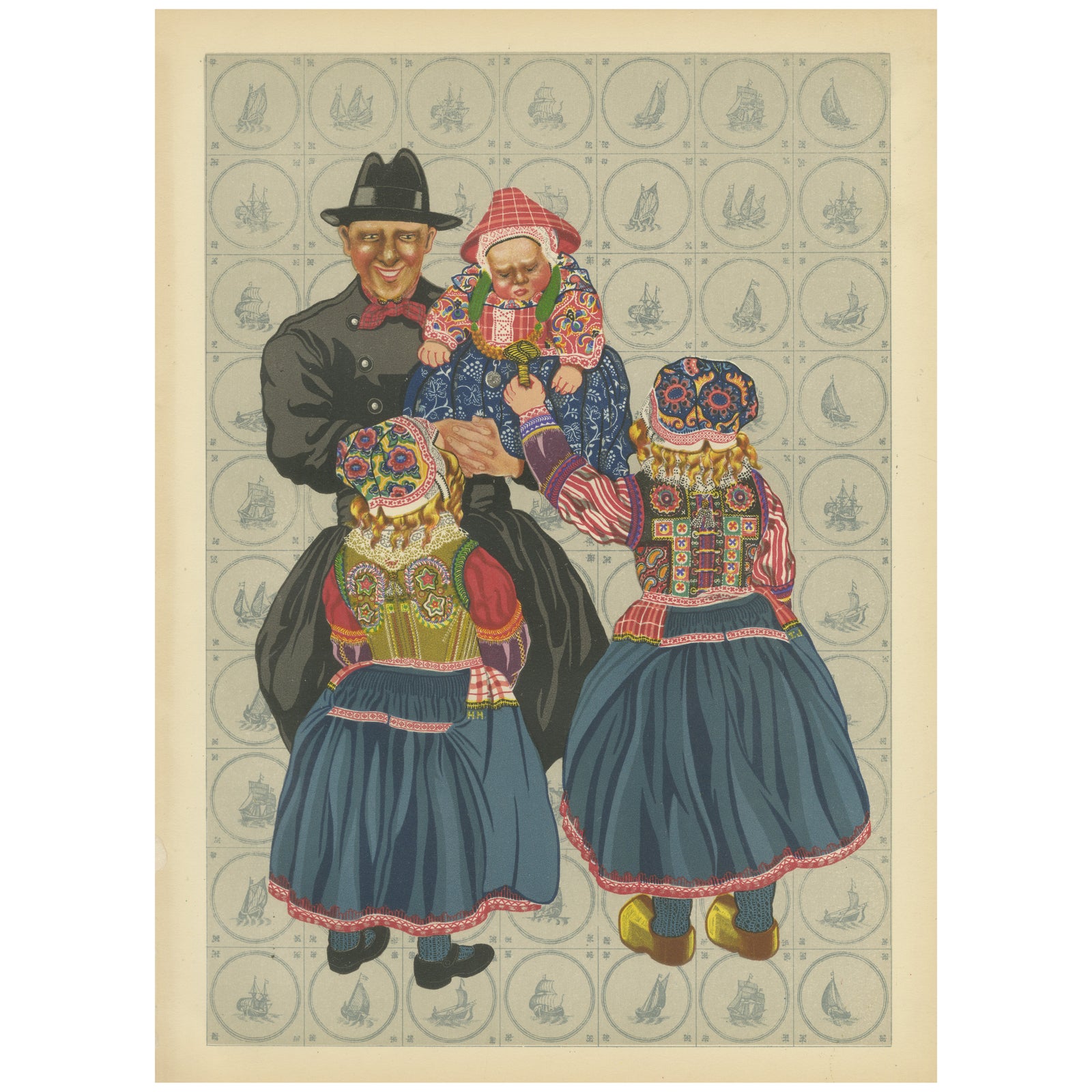 Traditional Dutch Costume from Marken, Men and Children in Festive Dress, 1932
