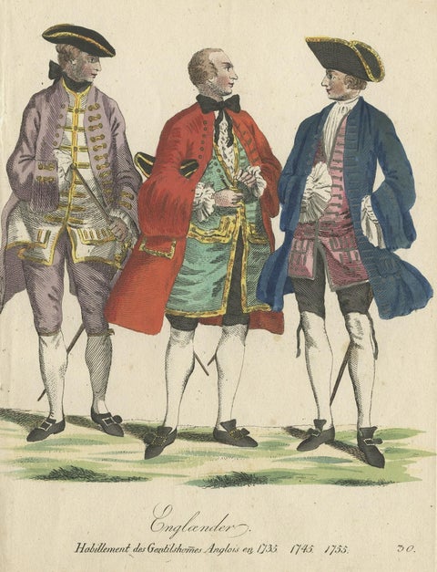 Rare Antique Costume Print Showing Three Gentlemen from England, 1805, close-up 1