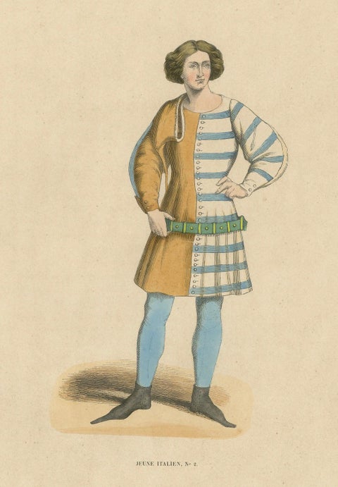 Elegant Renaissance Italian Youth Fashion, Published and Hand-Colored in 1847, close-up 4