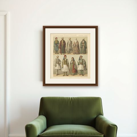 Pl. 77 Antique Print of European Turkish Costumes by Racinet, 'circa 1880', shown framed on a wall