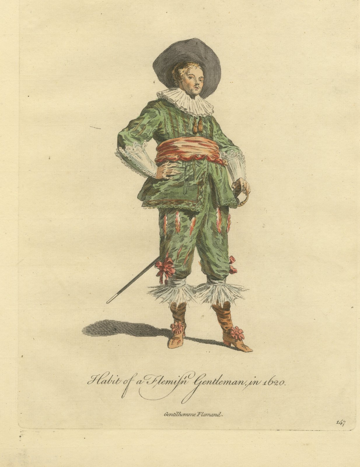 Flemish Gentleman in 1620, Hand Colored Jefferys Costume Plate, 1757