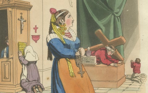 Costume Print: Woman at Devotion, Near Florence, 1820s Hand-Colored Engraving, close-up 3