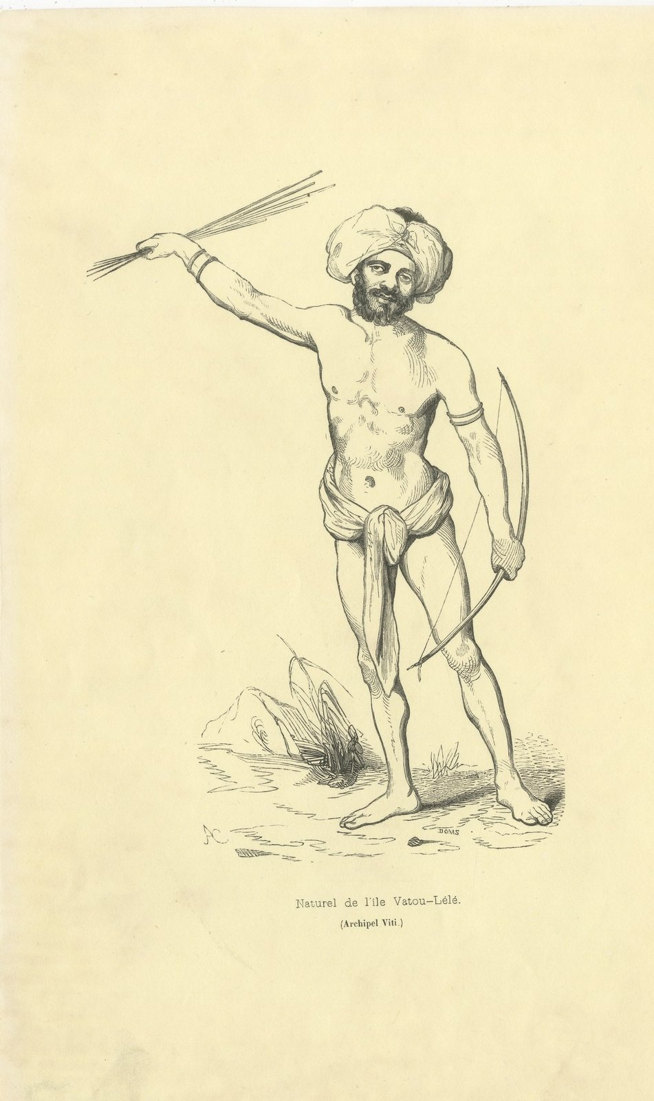 Native of Vatou-Lele, Fiji, Antique Wahlen Costume Print, 1843-1844