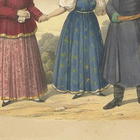 Antique Costume Print of Peasants from Olonets in Russia, circa 1860, close-up 2