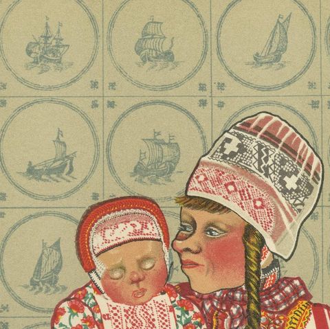 Dutch Women and Infant Traditional Dress from Marken, Old Costume Print, 1932, close-up 5