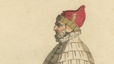 Duke & Duchess of Venice Costume Engravings in 1581, Hand-Colored Pair, 1749, close-up 1