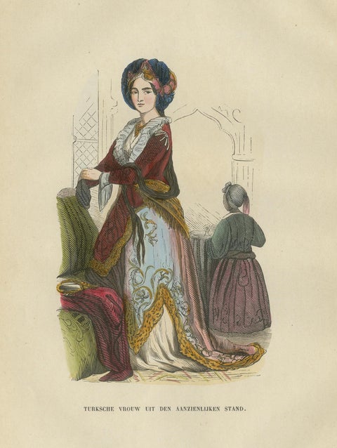 Turkish Noblewoman in Ottoman Court Dress - Antique Lithograph, c.1852, close-up 1