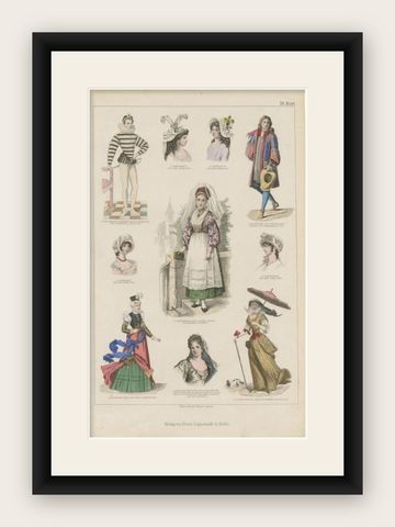 Antique Costume Print of Sicily, France and Others, shown framed