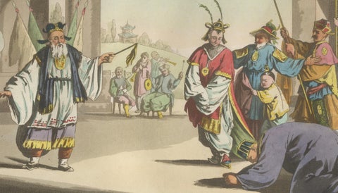 Chinese Peking Opera Scene, Ferrario Costume Print, Hand-Colored c.1815, close-up 2