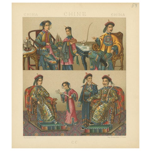 Pl. 54 Antique Print of Chinese Costumes by Racinet, 'circa 1880'