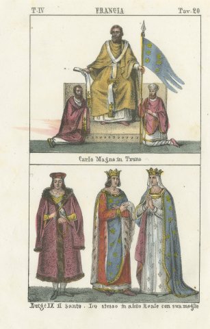 Charlemagne Enthroned and Saint Louis IX with His Queen, Lithograph, 1842