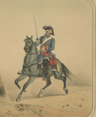Two Spanish Cavalrymen in Tricorn Hats, Villegas Lithograph, Madrid, 1861, close-up 2
