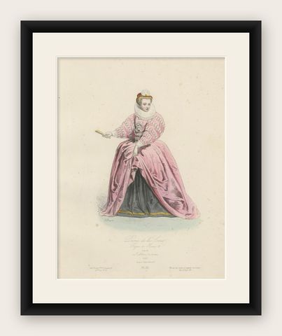 Antique French Costume Print of a Lady of the Court, Reign of Henri III, ca.1860, shown framed