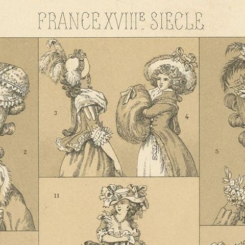 Antique Print of French 18th Century Women's Hats by Racinet, close-up 1