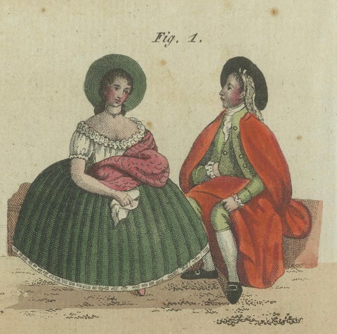 Elegant Costumes of 18th-Century Peru: Hand-Colored Engraving from Bertuch, 1805, close-up 3