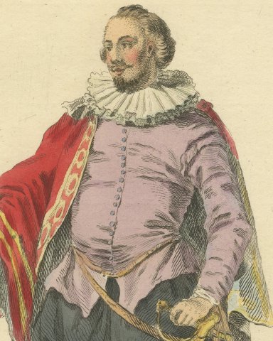 Habit of an English Nobleman in 1559, Hand Colored Jefferys Costume Plate, 1757, close-up 1