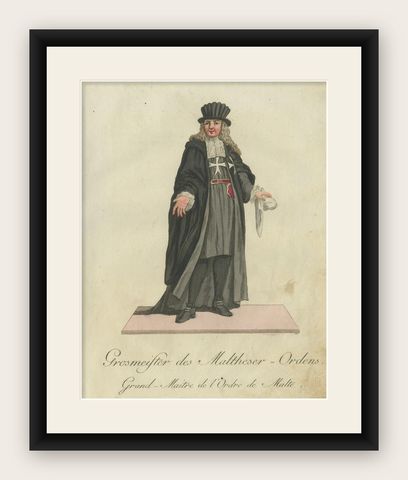 Grand Master of the Maltese Order: 1791 Colored Engraving in Ceremonial Robes, shown framed