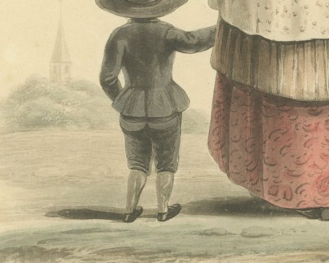 Woman and Boy near Amsterdam, Church Spire Beyond, Antique Print, 1817, close-up 3