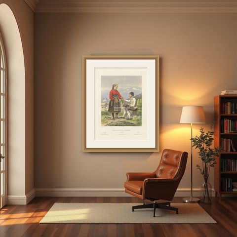 Antique Norwegian Costume Print, Hitterdal in Telemark, circa 1860s, shown framed in a room