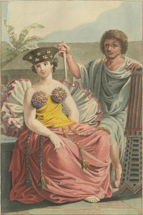 Otaheite Tahiti Couple in Native Dress, Hand-Colored Ethnographic Print, 1807, close-up 1