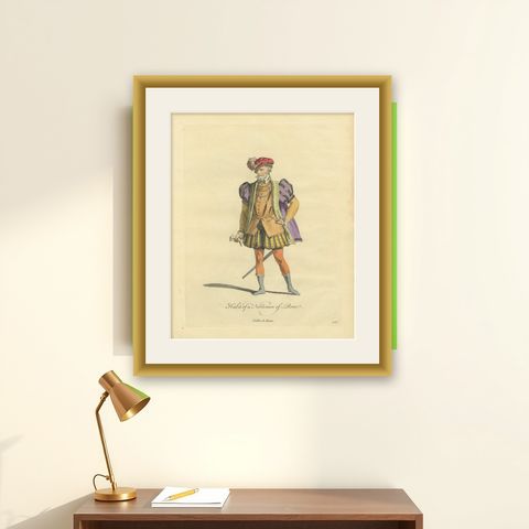 Roman Nobleman Costume Engraving, Renaissance Court Dress, Hand-Colored, 1749, shown framed on a wall