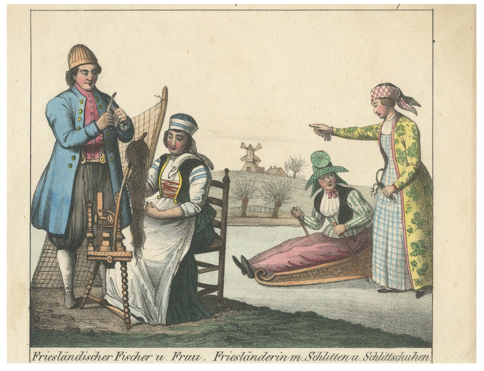 Frisian Fisherman & Winter Costume Scene, Dutch Costume Lithograph, c.1840