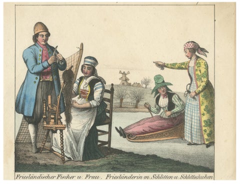 Frisian Fisherman & Winter Costume Scene, Dutch Costume Lithograph, c.1840