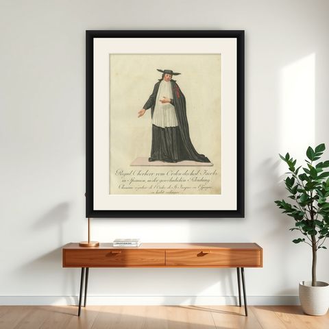 Cleric of the Order of Saint James in Spain in Ordinary Dress, 1791 Engraving, shown framed on a wall