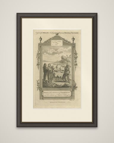 California Indigenous Dress & Fishing Rafts, Early Ethnographic Engraving 1754, shown framed