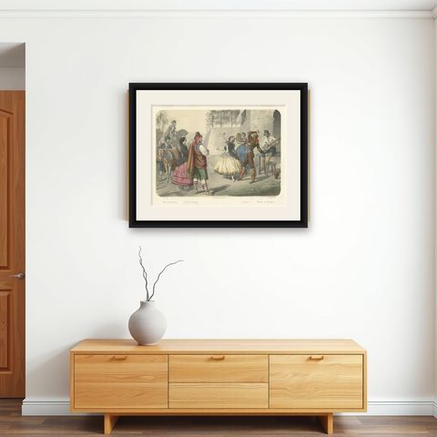 Spanish Dancers and Regional Costumes, Gitano and Valencian Figures, c.1845, shown framed on a wall