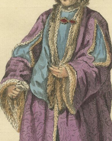 Habit of King Henry VII in 1490, Hand Colored Jefferys Costume Plate, 1757, close-up 2