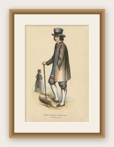 Antique Costume Print of Figures from the Black Forest by Wahlen, 1843, shown framed