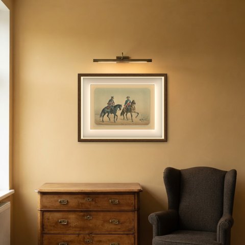 Two Spanish Cavalrymen in Tricorns, Lithograph by Villegas, Madrid, 1861, shown framed in a room