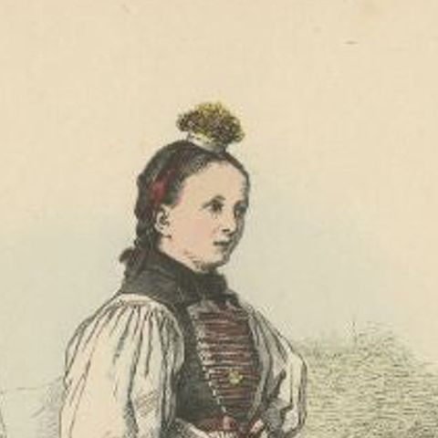 Old Costume Print of a Woman in Winter Costume from Montafon in Austria, Ca.1880, close-up 1