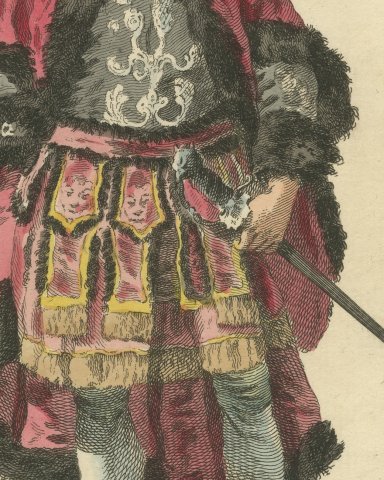 Aletes in the Tragedy of Creusa, Georgian Stage Costume, Jefferys Print, 1757, close-up 2