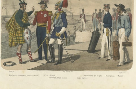 British and Scottish Costumes, Officers, Guards, and Sailors, c.1845, close-up 3