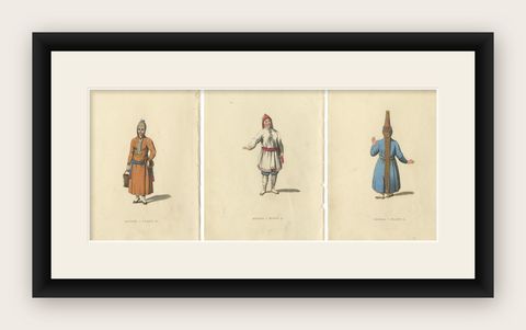 A Visual Journey through 19th-Century Russian Ethnic Attire, Engraved in 1814, shown framed