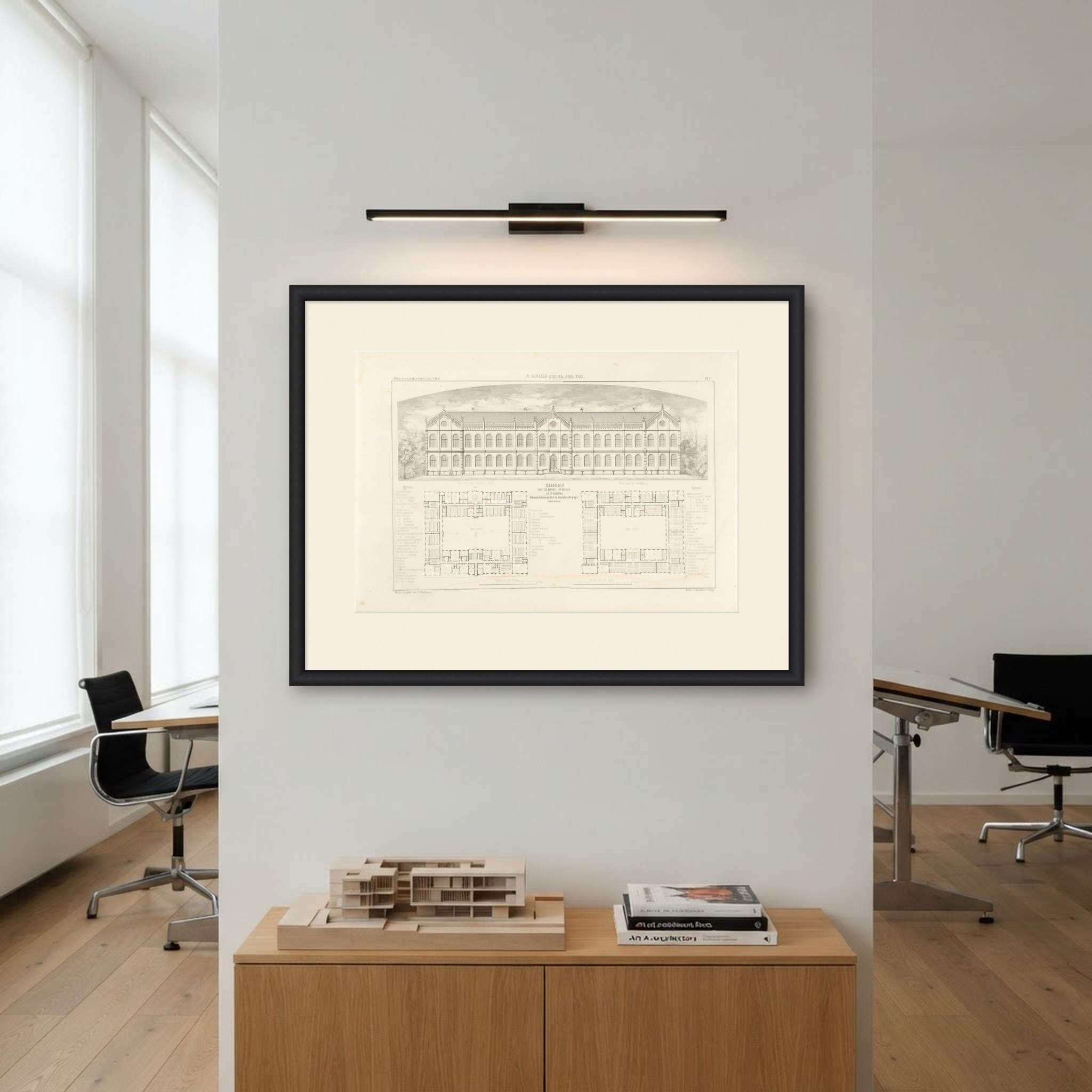 Prize-Winning Orphanage Design, Dutch Architecture Print, Leliman, 1865-1866, shown framed on a wall