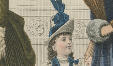 French Fashion Print, Parisian Ladies & Child Interior Scene, c.1887, close-up 4