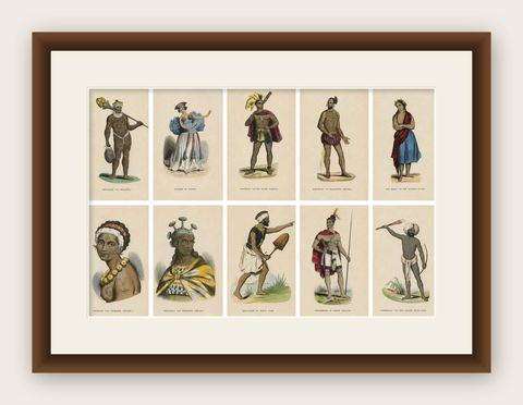 Antique Pacific Islanders & Polynesian Costume Prints, Set of 10, c.1852, shown framed