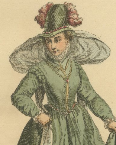 Lady of Quality in Burgundy in Green Gown and Plumed Hat, Costume of 1577, 1757, close-up 1