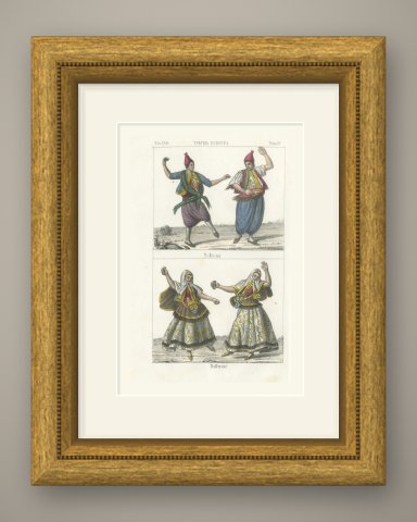 Male and Female Dancers of European Turkey, Hand Colored Lithograph, 1842, shown framed