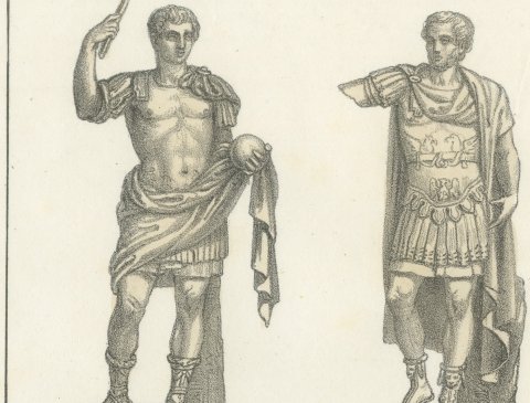 Roman Emperor Statues and the Prefect Probus with His Wife, Lithograph, 1842, close-up 1