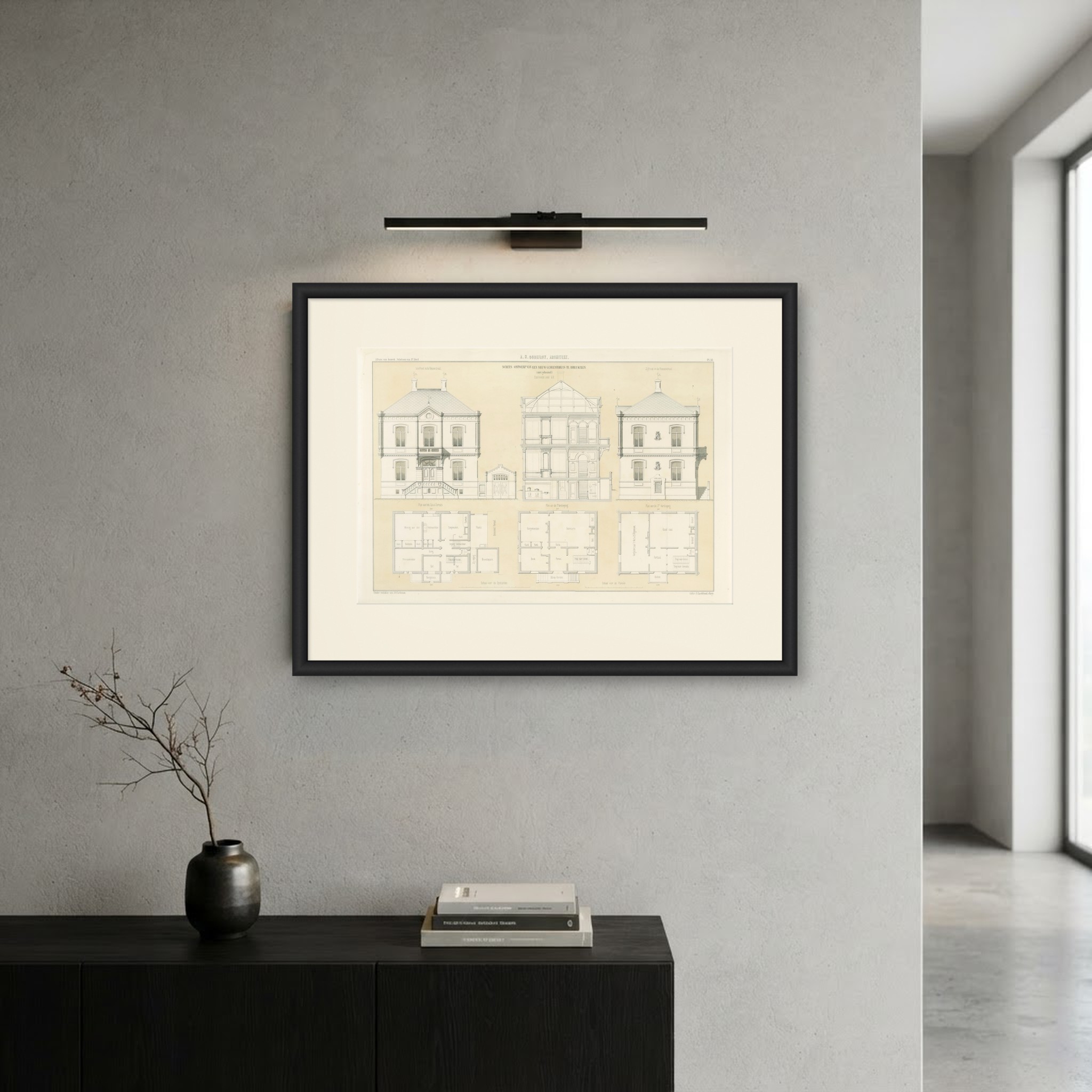 Unbuilt Breukelen Town Hall Design, Dutch Architecture Print, Leliman, 1865-1866, shown framed on a wall