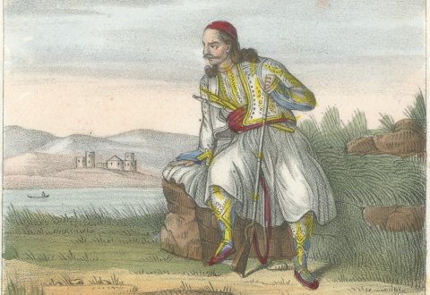 Officer of Nauplia with a Greek Bride and a Greek Merchant, Lithograph, 1842, close-up 1