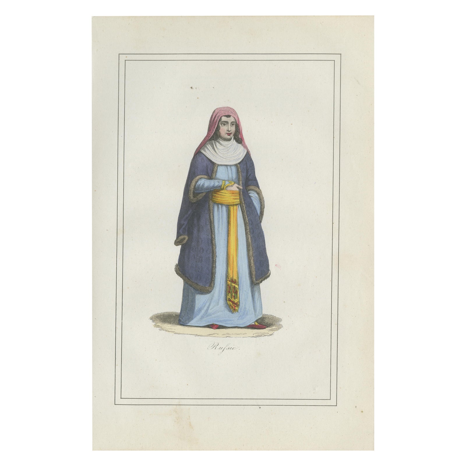 Russian Woman Costume Print, Antique Hand-Colored Lithograph, 1854