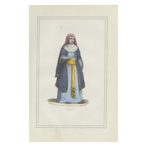 Russian Woman Costume Print, Antique Hand-Colored Lithograph, 1854